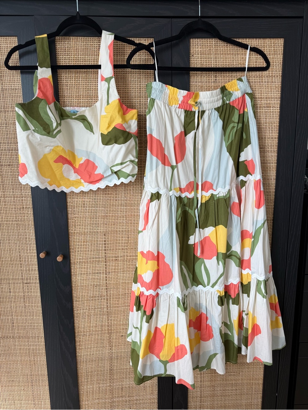 CeCe Floral Set - Crop Top and Midi Skirt in White, Coral, Yellow & Olive